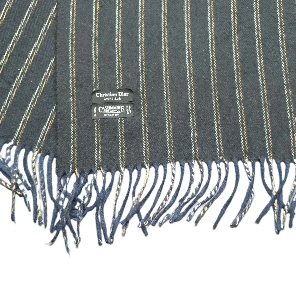 Christian Dior Acrylic Striped Scarf Dark Gray Blue Yellow Fringe RN64886